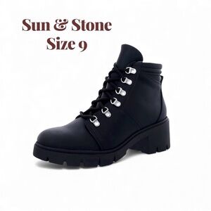 Sun & Stone Edgy Platform Chunky Block Heel Combat Moto Boots | Black | Sz 9